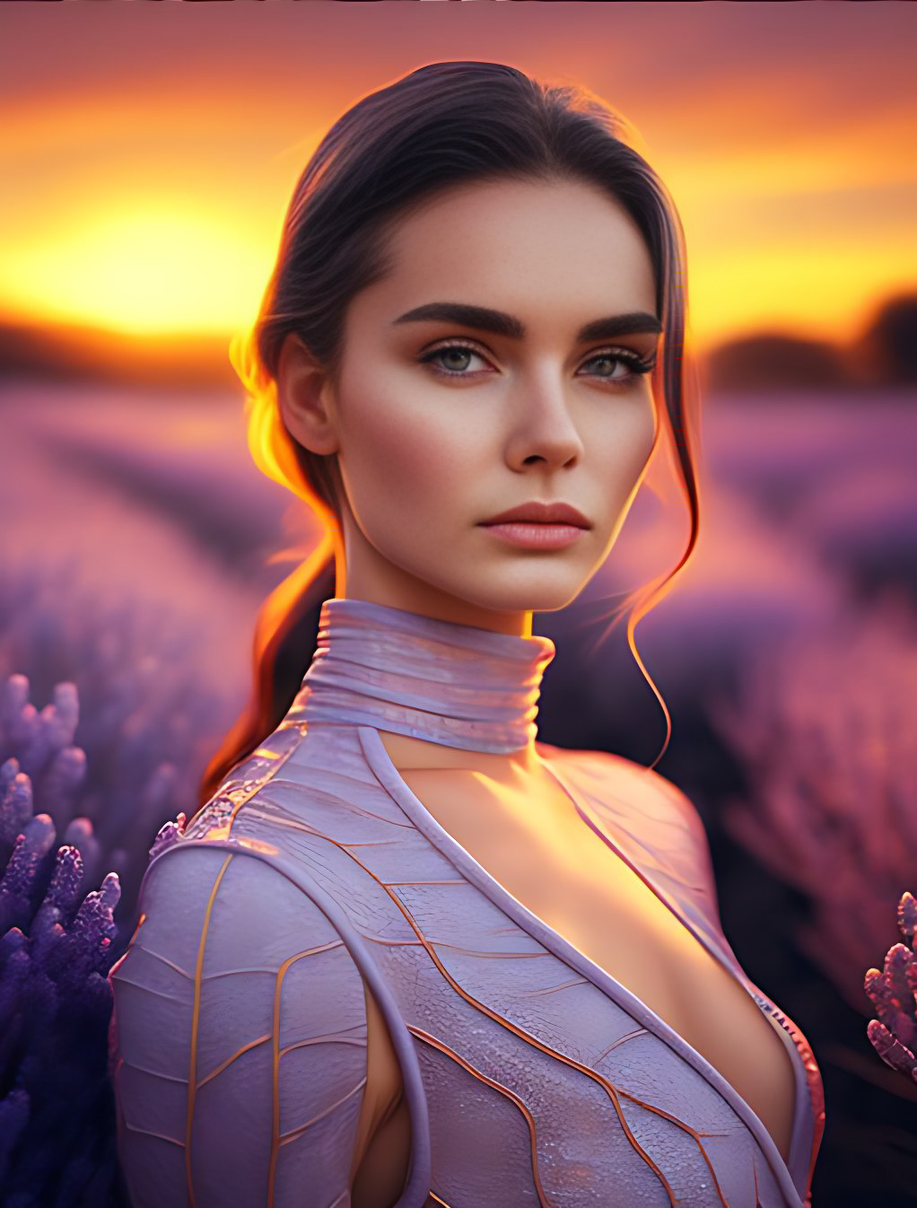 Модель в лавандовом поле на закате