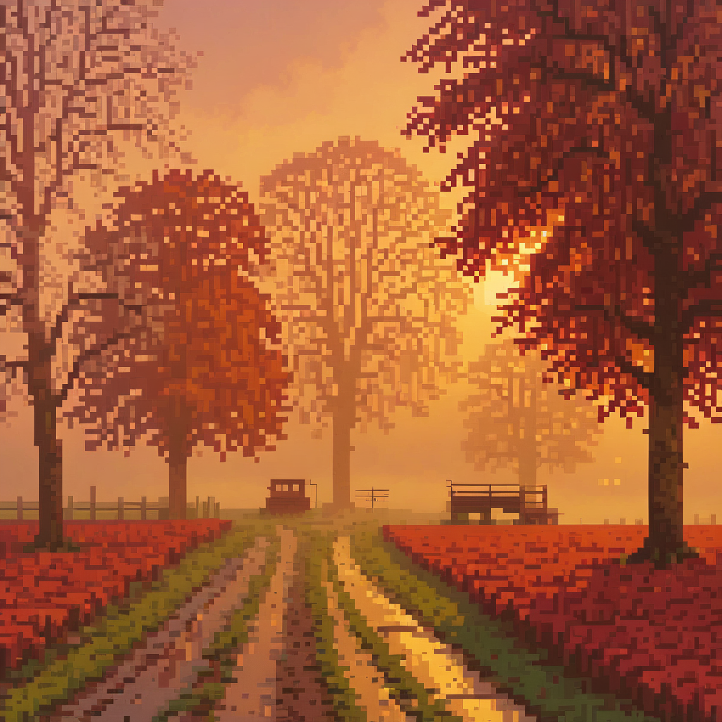 Осенний сельский пейзаж в пиксель-арте