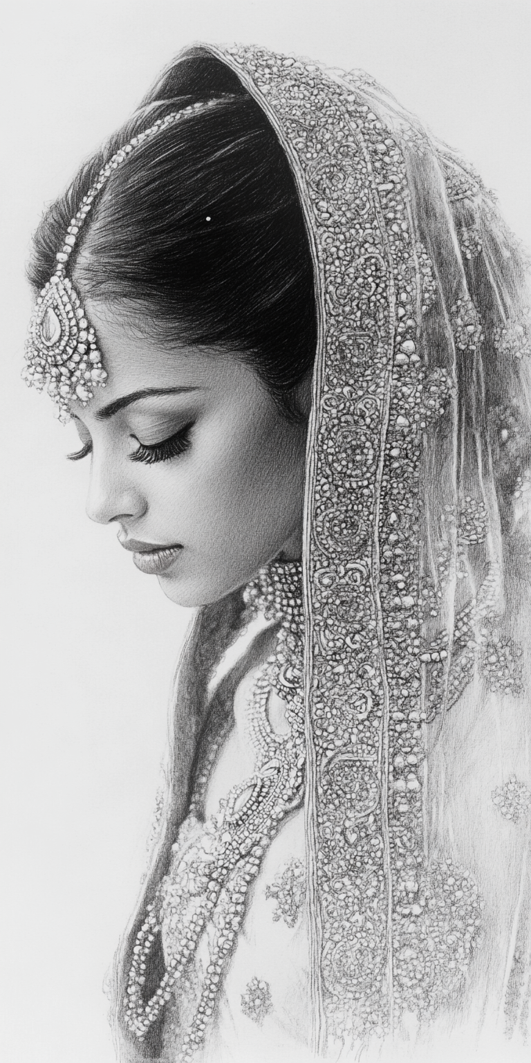 Индийская красавица, черно-белый эскиз