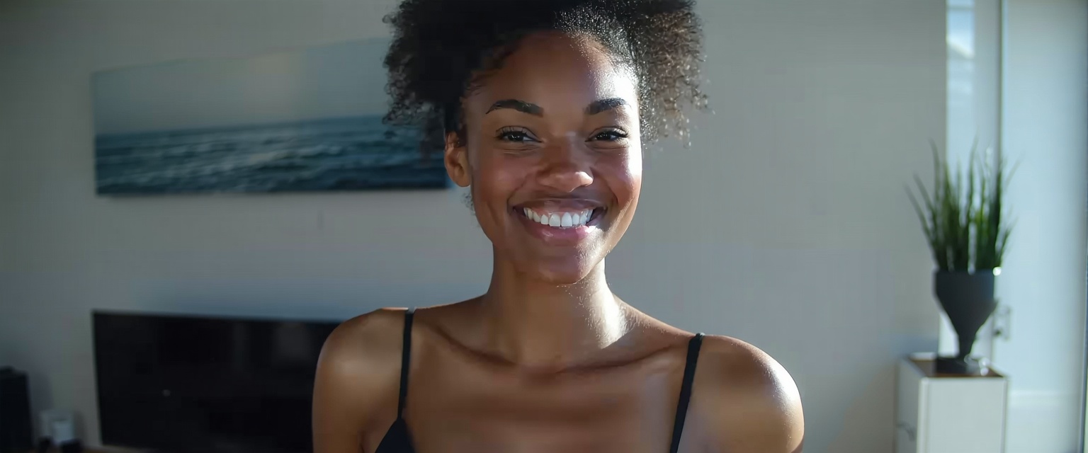 Девушка в черном белье улыбается