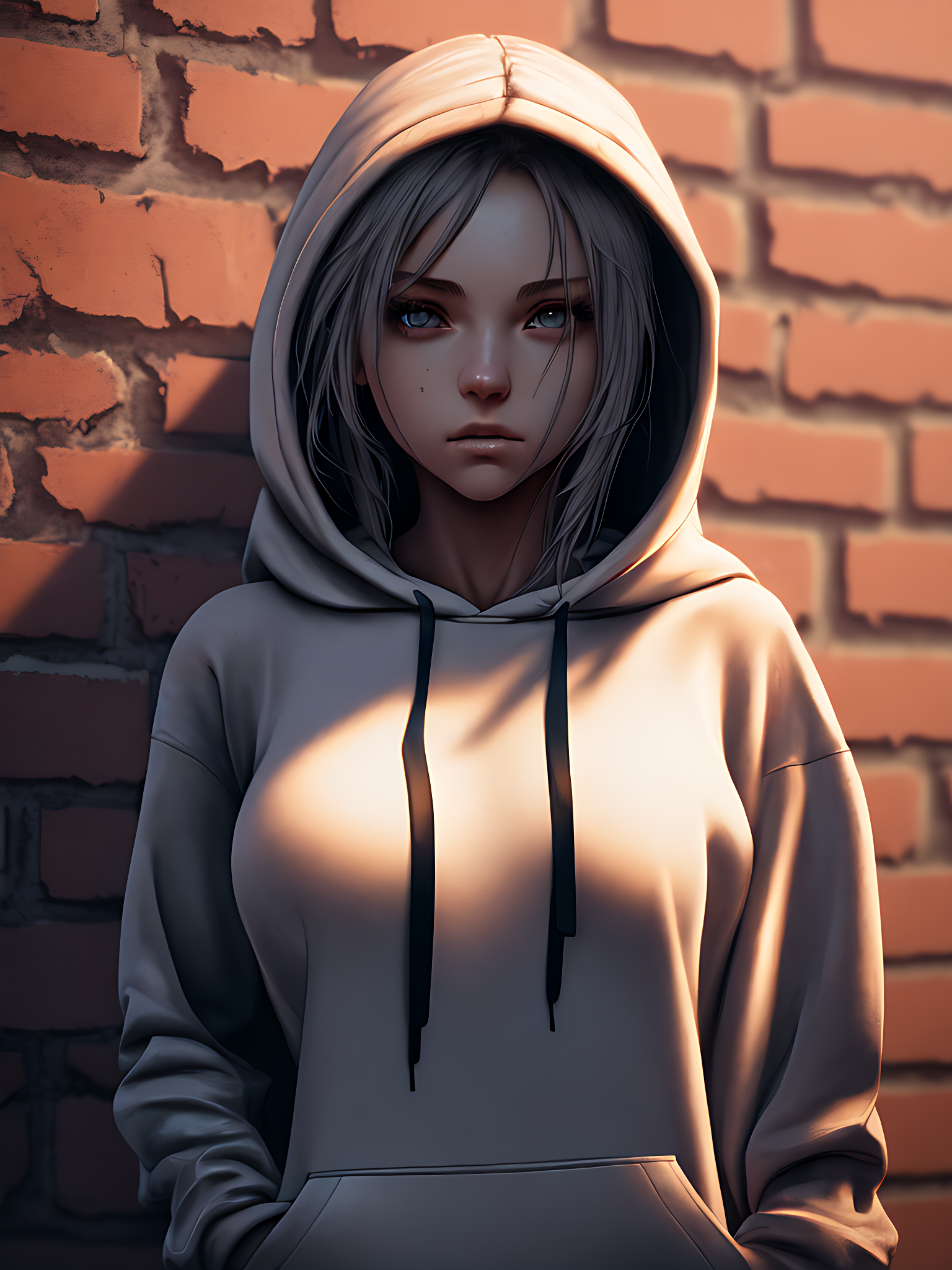 Девушка в худи у кирпичной стены