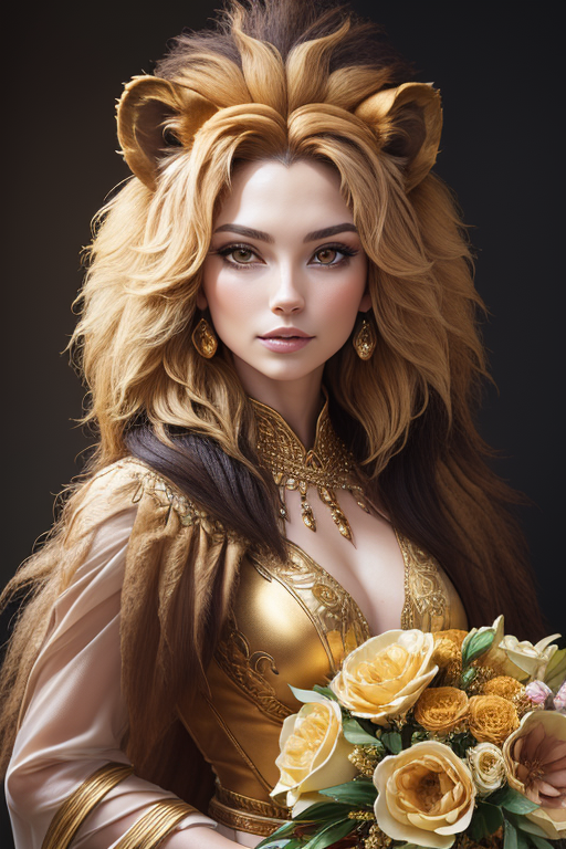 Львица-женщина с цветочной композицией