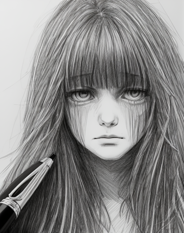 Испуганная женщина, рисунок шариковой ручкой