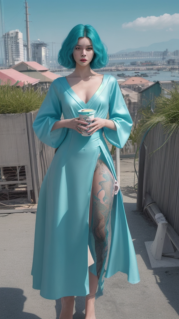 Городская модель в бирюзовом платье