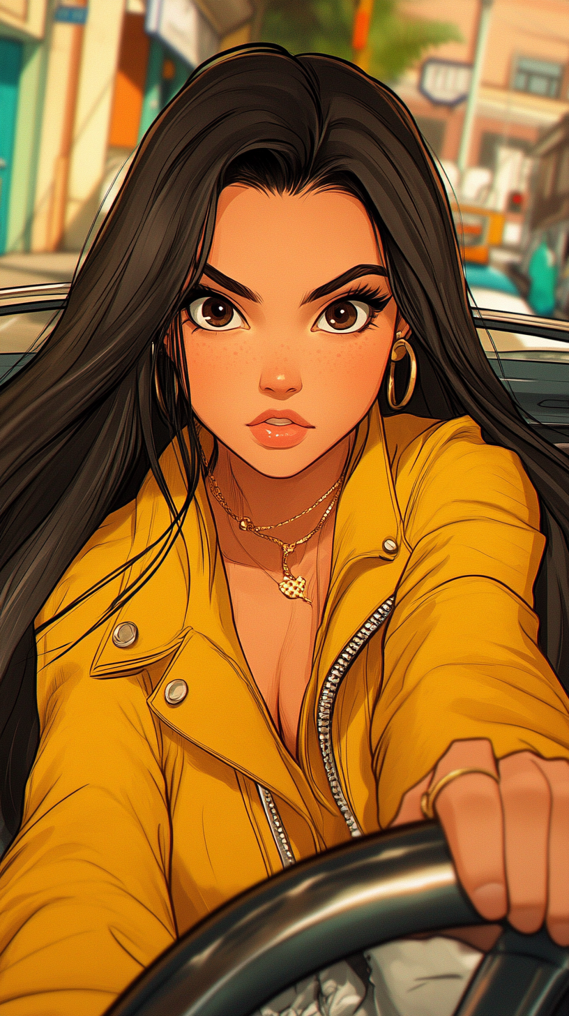 Девушка за рулем, мультяшный стиль