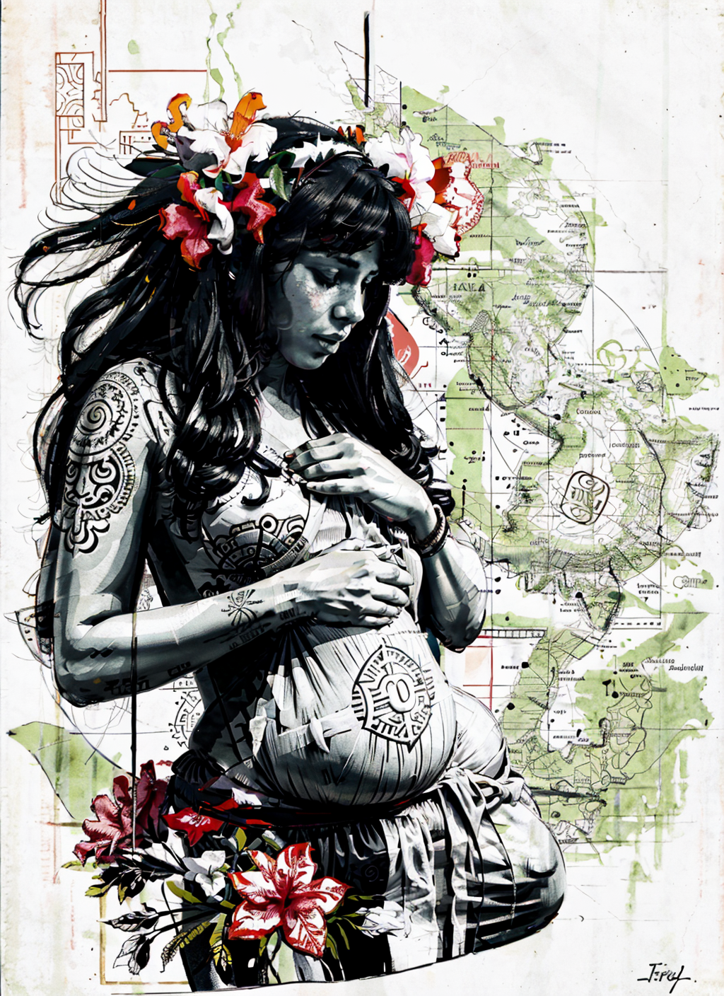 Беременная полинезийка в стиле line art