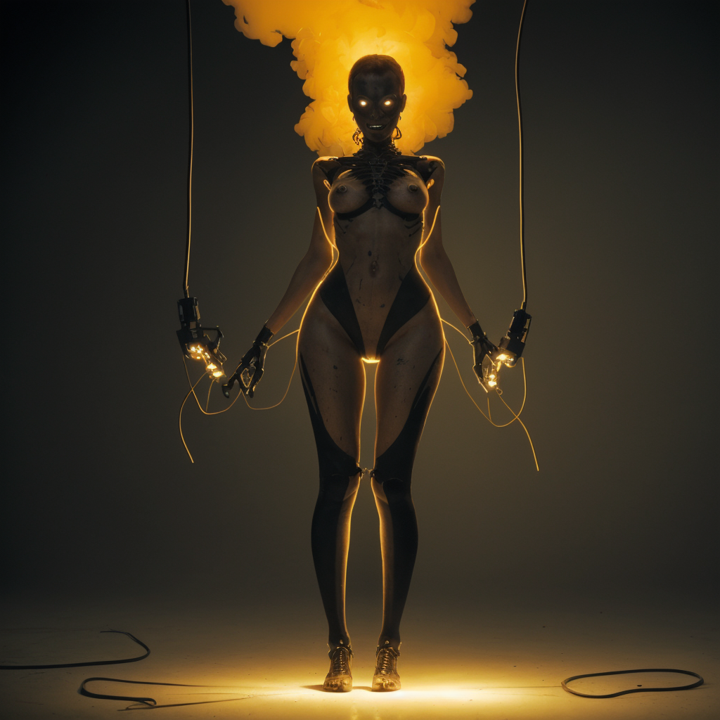 Киборг в темной фабричной обстановке