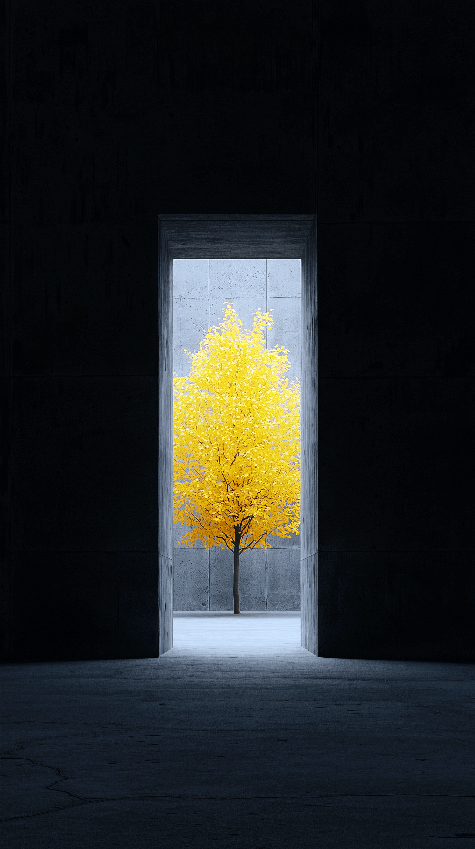 Светящееся дерево в бетонном коридоре