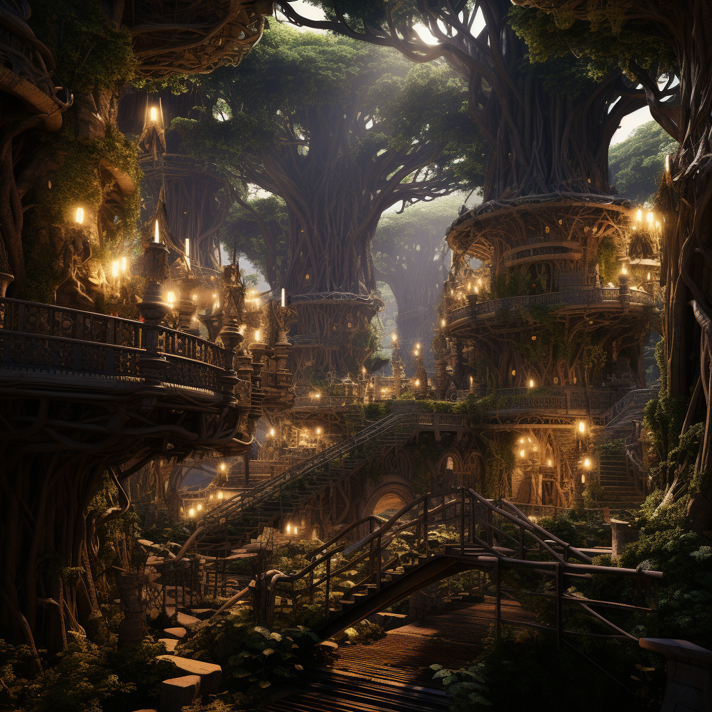 Фэнтезийный лес с плавающими структурами