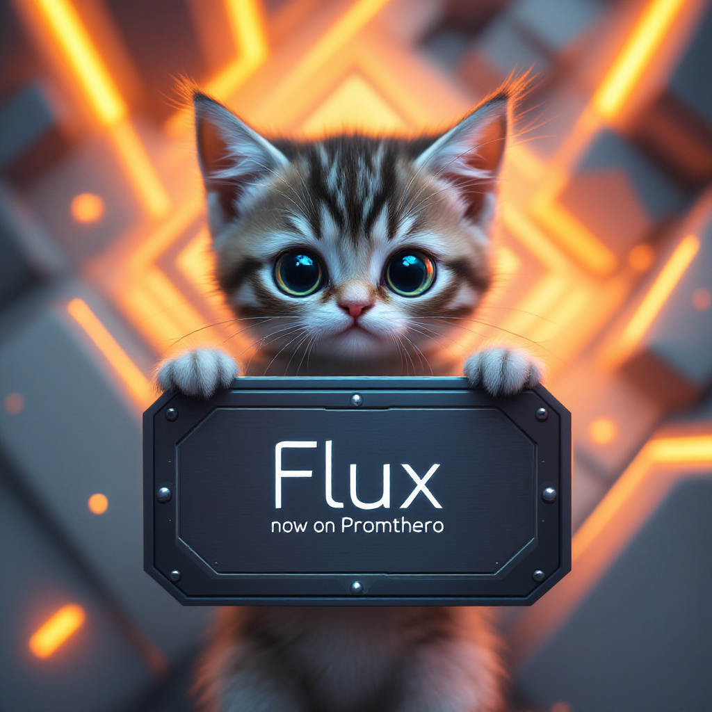 Котенок с вывеской Flux в стиле чиби