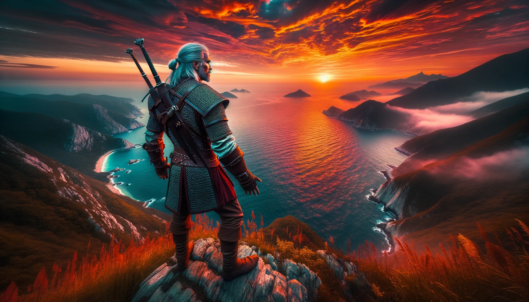 Ведьмак на фоне морского заката