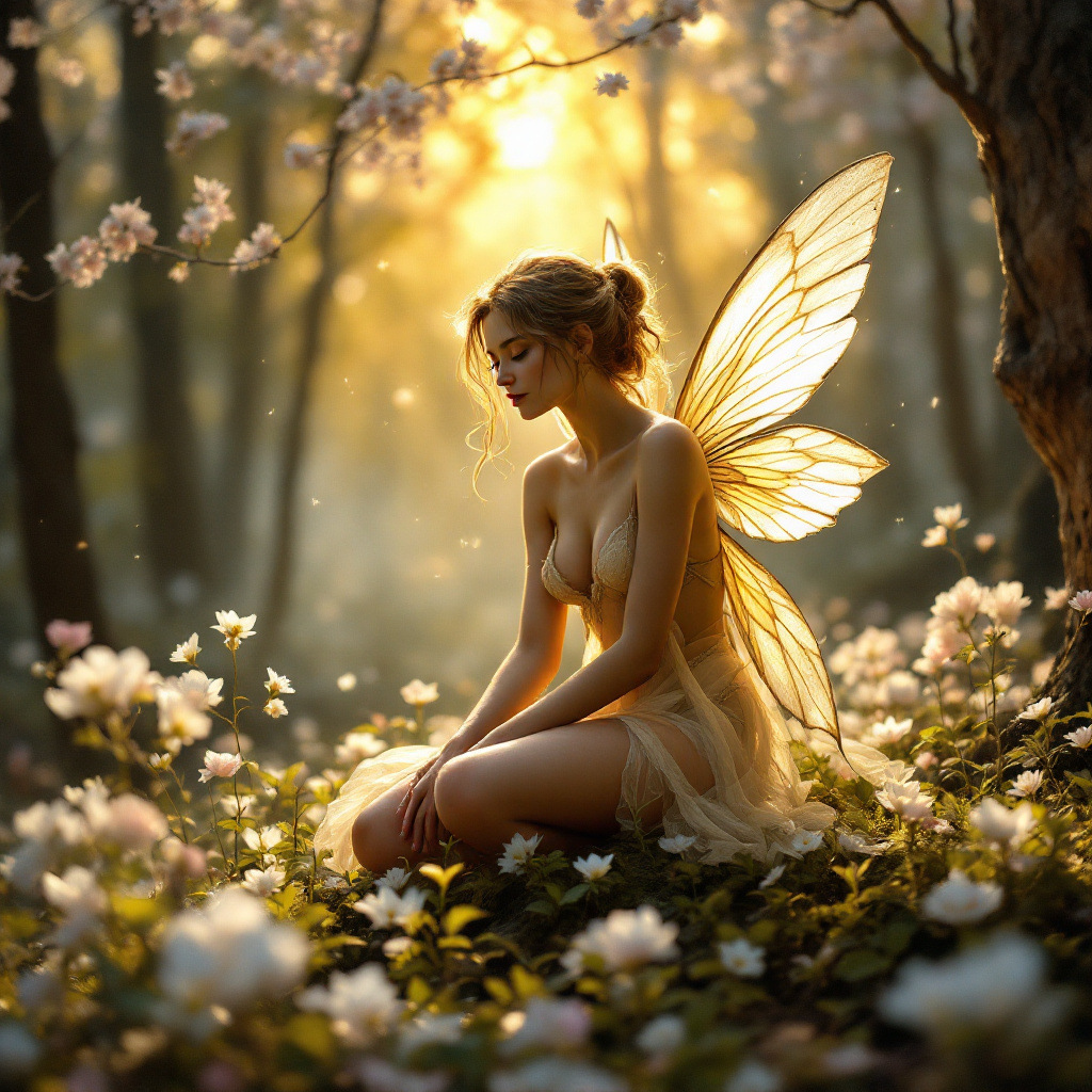 Фея в лесу на закате