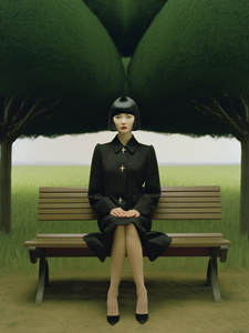 Сюрреалистичный портрет женщины на скамейке