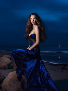 Девушка на пляже в вечернем платье